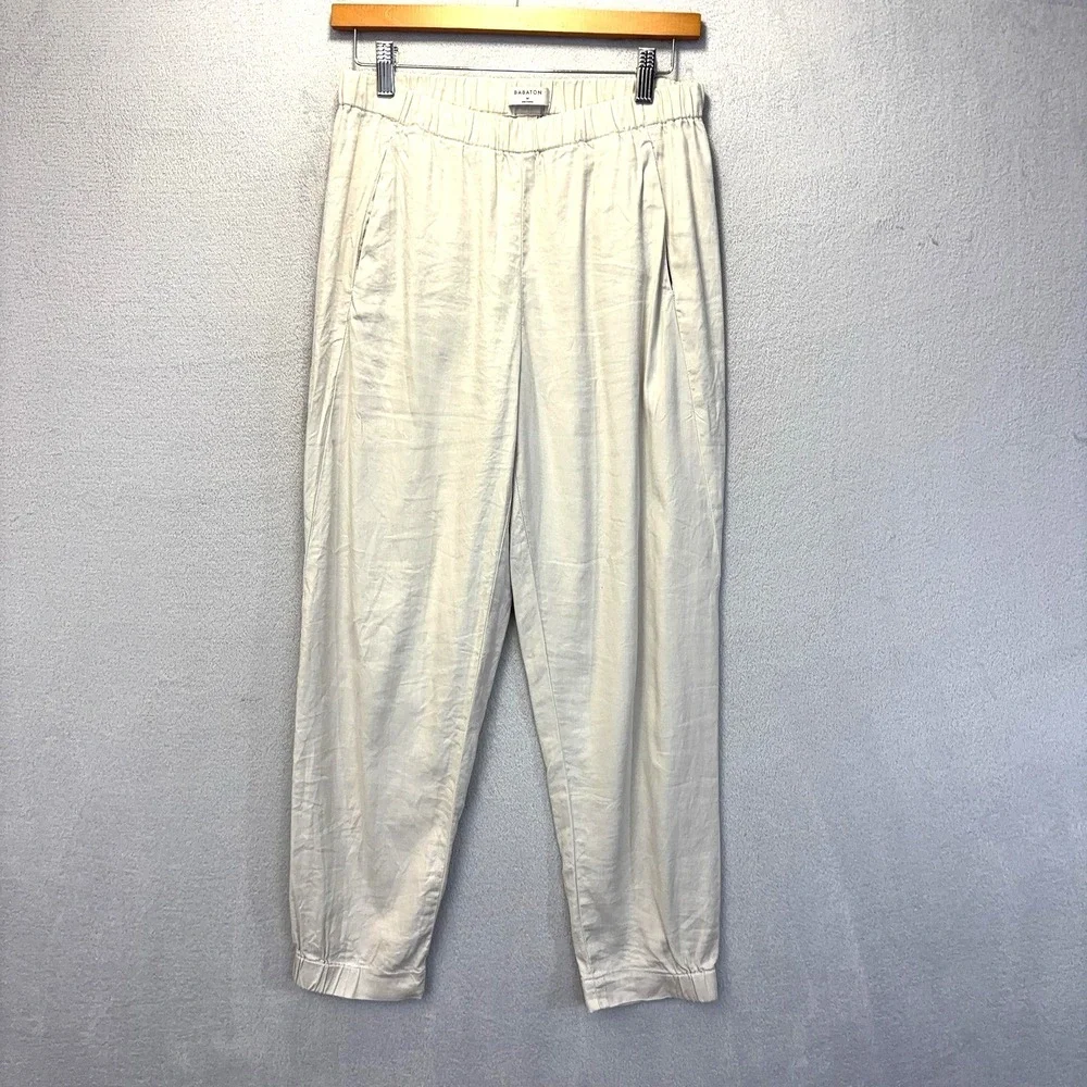 Babaton Aritzia Linen Cotton Jogger Pants Womens Medium M Beige Elastic Stretch